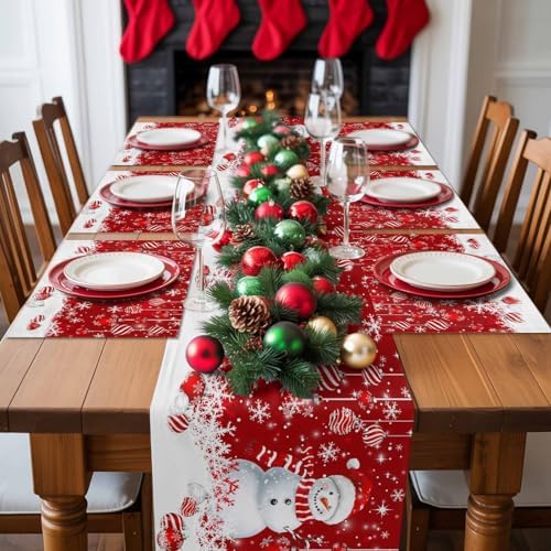 Christmas Placemats Set of 6, Snowman Heat Resistant Washable Dining Table Mats Xmas Holiday Farmhouse Decor for Kitchen&Linens Outdoor Indoor, Snowflake Red Christmas Balls