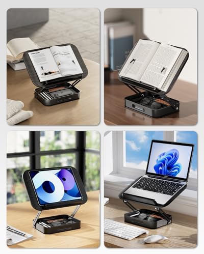 Adjustable Book Stand with Storage Drawer, 360° Rotating Book Holder, Height & Angle Adjustable, Extra-Wide Page Clips for Thick Books, Wood & Aluminum Book Stand for Desk, Study, Kitchen