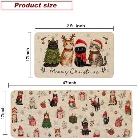 Baccessor Meowy Christmas Kitchen Rugs Set of 2 Cats 17x29 and 17x47 Inch