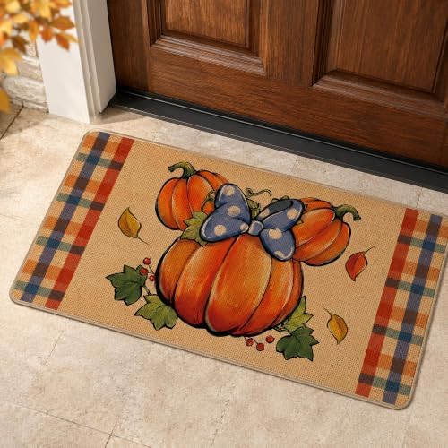 Welcome Pumpkin Decorative Front Door Mat, Autumn Plaid Doormat