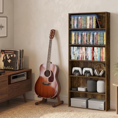 Furinno Basic DVD Shelf, 6-Tier Media Shelf, CD Rack, Amber Pine | 7 x 24 x 53, Open Shelf for DVD Blueray Game Disc, Cube Storage Organizer, for Living Room, Bedroom, Home Office