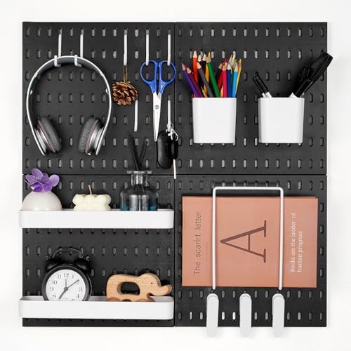 VEVOR Pegboard Combination Kit, 11" x 11" Plastic Pegboard, 4 Panels, Peg Board Wall Organizer Kit with Accessories, for Garage Tool Storage Kitchen Living Room Craft Room Office Bathroom Home, Black
