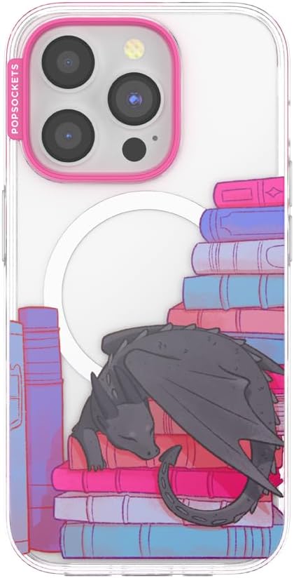 PopSockets iPhone 15 Pro Phone Case with MagSafe- Curled Up & Cozy | Magnetic, Wireless Charging, Camera & Drop Protection, Bookish, Dragon