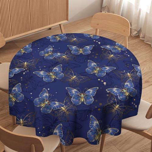 Retro Blue Butterfly Tablecloth, Luxury Golden Blue Butterfly Print Table Cover for Home Dining Decor Kitchen Party Outdoor, 50x50in