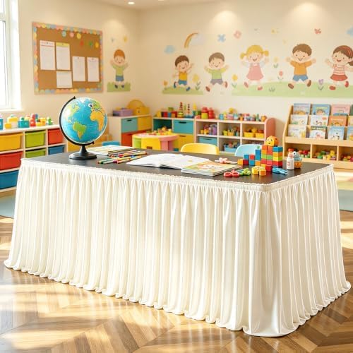 Wish Care 14ft Ivory Satin Table Skirt for Rectangle Tables Wrinkle Free Teacher Desk Skirt Glitter Ruffle Table Skirting Cloth for Back to School Classroom Office Dorm Birthday Party Table Decor