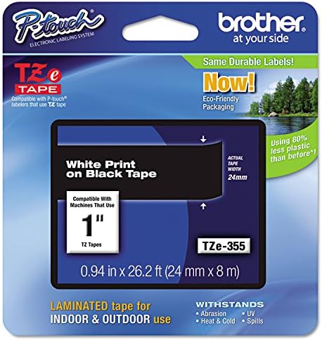 Brother Genuine P-Touch TZE-355 Tape, 1" (0.94") Wide Standard Laminated Tape, White on Black, Laminated for Indoor or Outdoor Use, Water-Resistant, 0.94" x 26.2' (24mm x 8M), Single-Pack, TZE355