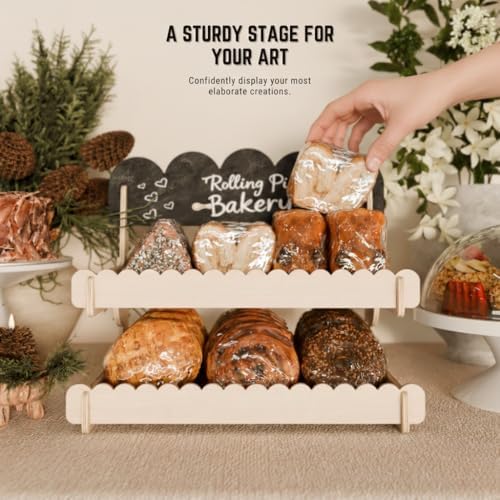 HOTCAN Wooden Cookie Display Stand with Chalkboard Sign for Bakers, Vendors, Craft Fairs | Pastry Display for Market Booths & Events | 2 Tiered Cookie Display for Muffins, Cakes, and Pastries(Natural)