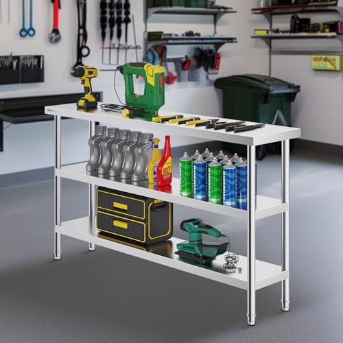 VEVOR Stainless Steel Food Prep Table, 14 x 60 x 34 Inch Commercial Kitchen Worktable, with 2 Adjustable Undershelf, Heavy Duty Prep Table Metal Workstations for BBQ, Kitchen, Home, and Garage