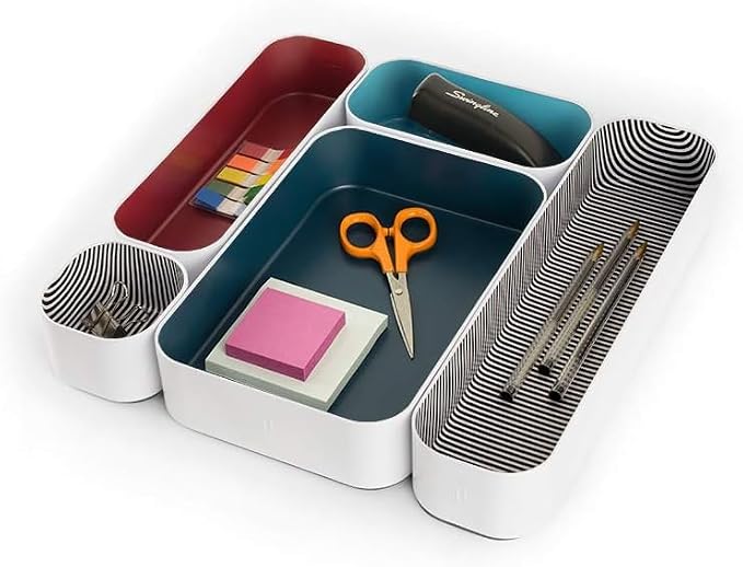 Three by Three Seattle Metal Drawer Organizer Tray Set, 5-Pc (Blue Berry) | Deep 2" food-safe metal bins; soft non-scratch base; perfect for kitchen utensils, tools & bulkier drawer items