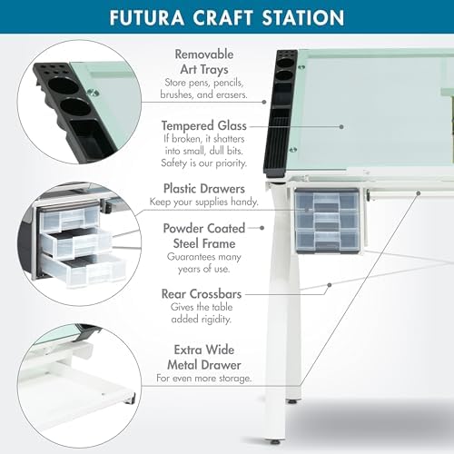 SD Studio Designs Futura Craft & Drawing Table with Adjustable Tempered Safety Glass Top – Modern Art Desk with Storage Drawers, Pencil Ledge, Matte Ivory/Sea Green Glass