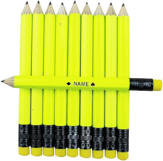 EZPENCILS & GIFTS - Golf Pencils Tipped with Eraser (1/2 a Pencil - Pew Pencils) - Neon Yellow Colored Barrel - FREE-PERSONALIZATION - 2HB Black Lead - Custom Text - Non-Smear Eraser – Package of 40