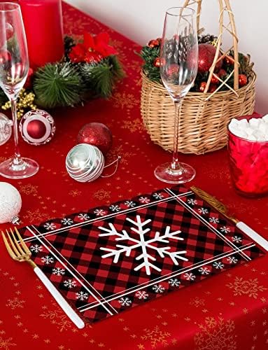 White Christmas Snowflake Placemats Set of 4, Red Black Buffalo Plaid Check Cotton Line Stain Resistant Table Mats Washable Holidays Placemat Decoration For Kitchen Dining Table Rustic Farmhouse