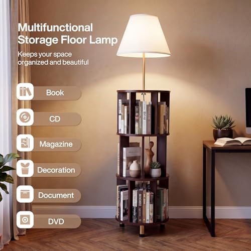 Tribesigns Floor Lamp with 3-Tier Open Bookshelf, 62.2" Tall Standing Lamp with Wood Storage Shelf, Dark Brown Floor Lamp with Linen Shade & Foot Switch for Living Room, Bedroom, Home Office