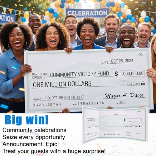 Penitue Oversized Fake Check Award for Presentations, 84x36cm/33x14in Giant Large Hard Big Cheque Checks with Dry Erase & Reusable for Celebration Activity Fundraiser Items