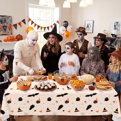 CXPSINC 54 Inch X 100 Feet Plastic Table Cover Roll Disposable Halloween Tablecloth with Slide Cutter Ghost Bat Plistic Table Covers for Halloween Party Decorations(Halloween Beige, 100 Feet)