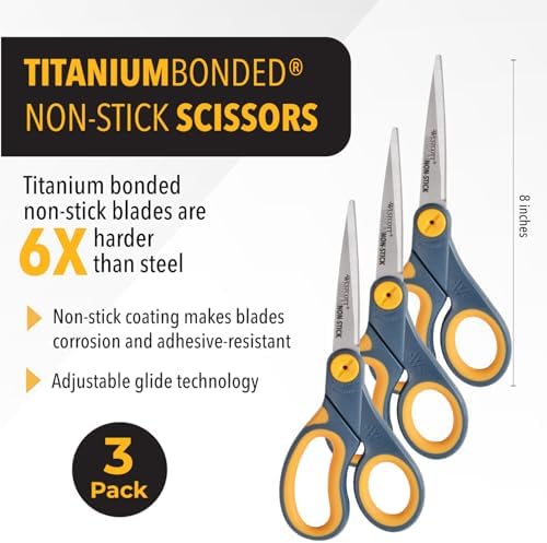 Westcott 8-Inch Non-Stick Titanium Scissors For Office and Home - Glide Adjust Technology - Grey/Yellow Craft, Fabric Scissors - 3 Pack