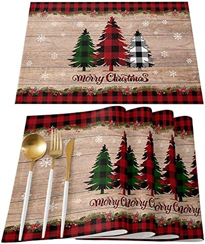 Artwork Store Merry Christmas Placemats Set of 6,Cotton Linen Table Mats Non-Slip Washable Buffalo Plaid Farm Xmas Tree Snowflake Pine Tree Placemat for Holiday Party Dining Kitchen Table Decor
