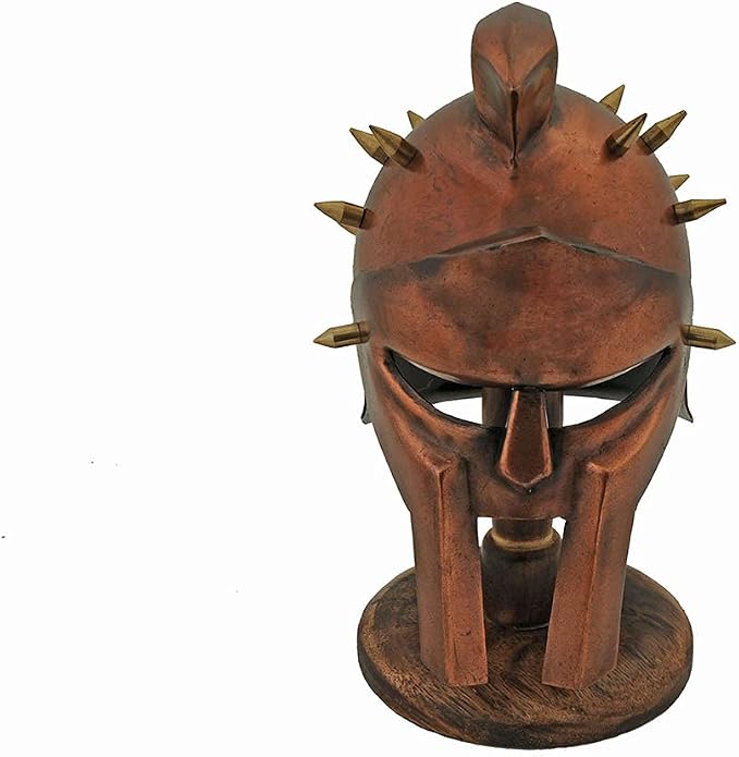 Miniature Decorative Brass Finished Replica Spiked Gladiator Helmet with Stand