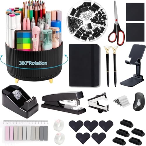 Office Supplies,Desk Accessories,Desk Organizer,Stapler,Tape Dispenser,Folding Phone Holder,Scissors,Notebook,Staple Remover,Staples,Clear Tape,Sticky Notes,Paper Clips,Bookmark,Pen,Pen pals Ect.27pcs