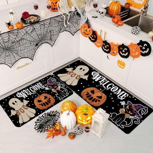 Kitchen Rugs Mat 2 PCS Christmas Halloween Kitchen Rugs Non Slip Washable with 1 PCS Mouse Pad Home Rug Sets Decorations, Ghost Black Cat