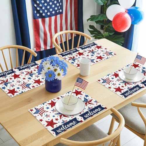4th of July Placemats Set of 4, Patriotic Stars USA Flag Place Mats Independence Day Dining Table Mats Holiday Party Memorial Day Decor for Kitchen&Linens Outdoor Indoor, Red White and Blue