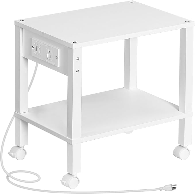 HOOBRO 2-Tier Printer Stand with Charging Station, Under Desk Printer Table, Printer Cart with Storage Shelves, Shelf for Small Spaces, for Home Office, White WT38UPS01