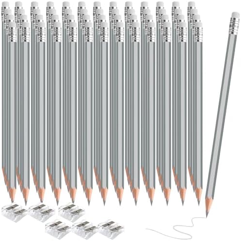 120 PCS Silver Colored Pencils with Eraser Pre Sharpened Pencil 2 HB - Ideal for Checking, Grading, Tests & Office/School Supplies (Silver)