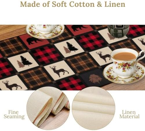 Rustic Bear Table Runner, Vintage Cottage Country Style Pine Tree Elk Wildlife Dinner Runner for Home Kitchen Dining Table Decoration 13"x120"