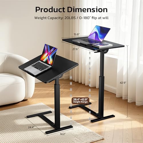 Mobile Standing Desk Adjustable Overbed Table, Pneumatic Height Adjustable Rolling Laptop Desk with Hidden Wheels, 0-180°Tilt Top Rolling Computer Cart Foldable for Home Office, Craft & Study, Black