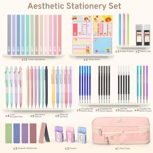DazSpirit 62PCS Aesthetic Stationery Set with Foldable Pencil Case, Pink