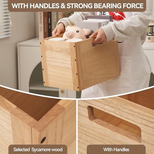 KIRIGEN Stackable Wood Storage Cube with Handles, Open Cubby Bin, Natural