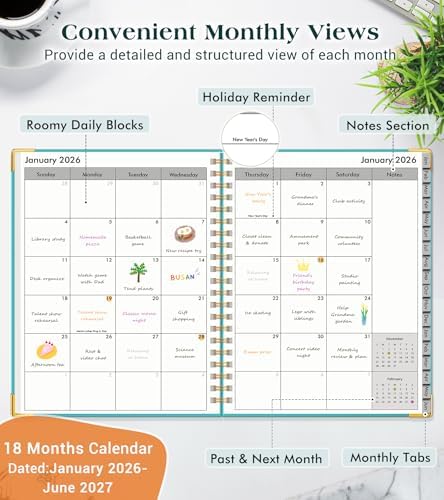 Academic Planner 2026-2027, Weekly and Monthly Hardcover Planner, July 2026 - June 2027, 5.75" x 8.38" A5 Large Daily Calendar Planner Book with Tabs, Spiral Yearly Agenda Organizer Notebook for School Work Home, Aquamarine