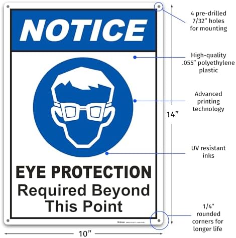 Brimar - 10" x 14" - Eye Protection Required Sign - .055″ Polyethylene Plastic - High Visibility - Easy Installation
