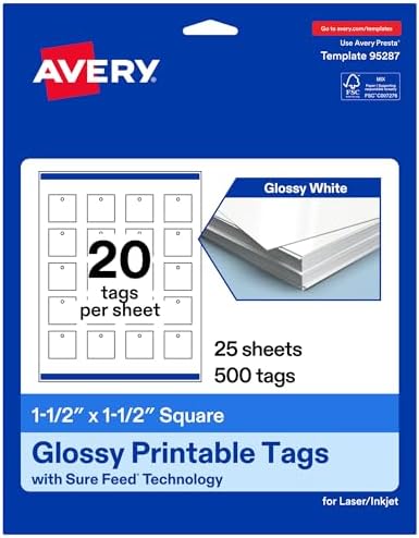 Avery® Printable Square Tags, Sure Feed® Technology, 1-1/2" x 1-1/2", Glossy White Cardstock, Print-to-The-Edge, Laser/Inkjet Printable, 500 Total, Great for Custom Gift or Branding Tags