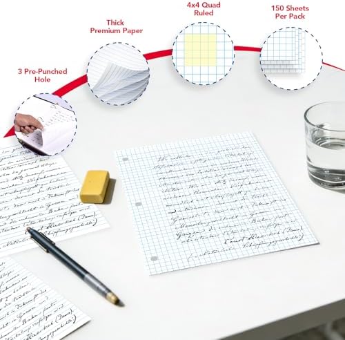 Kaisa Graph Paper Filler Paper USA-Made Bulk Wholesale Available 3 Pack 4x4 Quad Rule 3-Hole Punched Loose Leaf Paper 8x10.5 Filler Paper for 3-Ring Binder, 150 Sheets/Pack