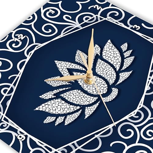 3dRose Wall Clock Silent - 13 inch - Navy Blue and White Water Lily with White Swirls Chinese Styling - Asian Collection