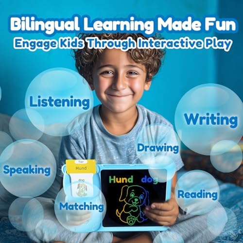 Writing Tablet with Bilingual Flash Cards for Kids, German, Blue