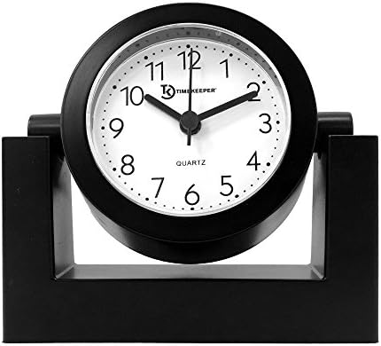 Timekeeper Small Desktop Swivel Clock for Desk, Battery Operated, 6.75" Wide x 2" Tall, Black Frame White Face