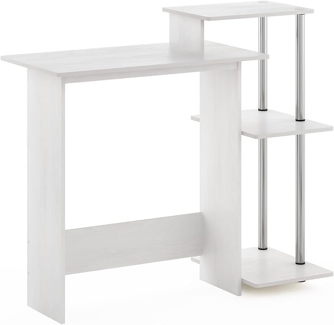 Furinno EFFICIENT Desk, 28.6" Wide Gaming Desk with 3 Open Side Shelves, Laptop Notebook Computer Desk, Office Desk for Home Office, Study Room, Dorm, Bedroom, White Oak/Stainless Steel
