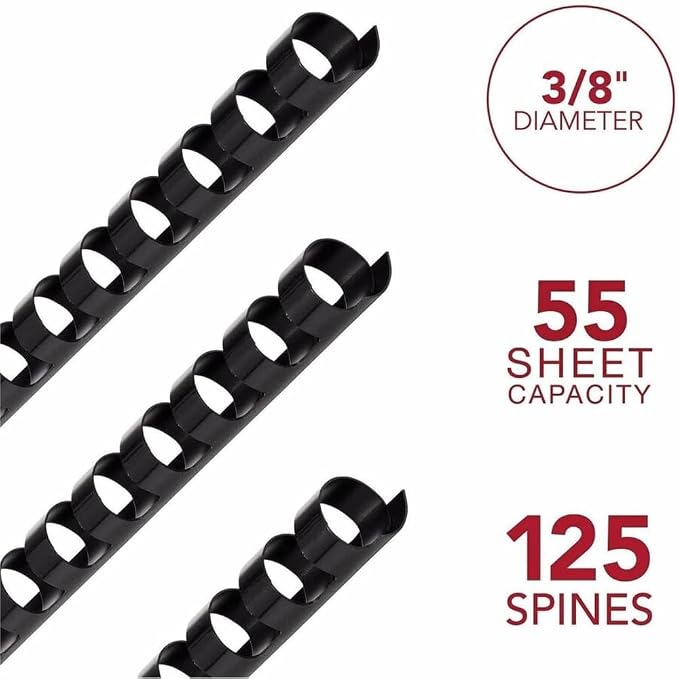 Mead CombBind Binding Spines/Spirals/Coils/Combs, 3/8", 55 Sheet Capacity, Black, 125 Pack (4000132)