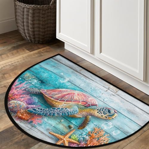Ocean Wood Turtle Starfish Half Round Door Mat, Non-Slip Welcome Indoor Entrance Way Rug Semi Circle Front Doormats Washable Bathroom Kitchen Floor Mat, Outdoor Rugs for Garage, Patio, Hearth Rug