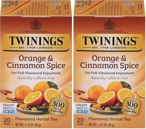 Twinings Orange & Cinnamon Spice Herbal Tea Individually Wrapped Bags, 20 Count (Pack of 2), Naturally Caffeine-Free, Enjoy Hot or Iced, 20 Teabags