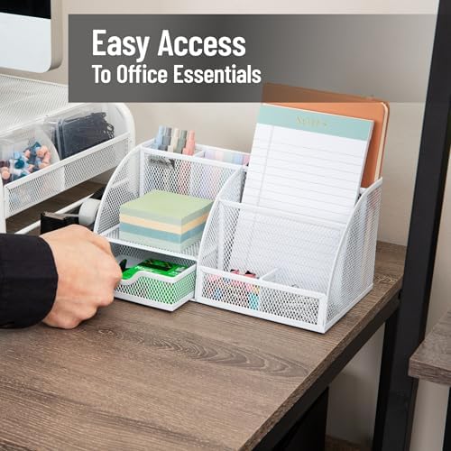 Mind Reader 7-Compartment Desktop Organizer, Metal Mesh, White
