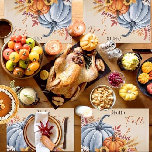 Fall Placemats Set of 4, Hello Fall Pumpkin Place Mats Maple Leaves Sunflower Bird Tablemats Harvest Thanksgiving Placemat Table Decoration for Kitchen Table Holiday Dinner Party Autumn Home Decor