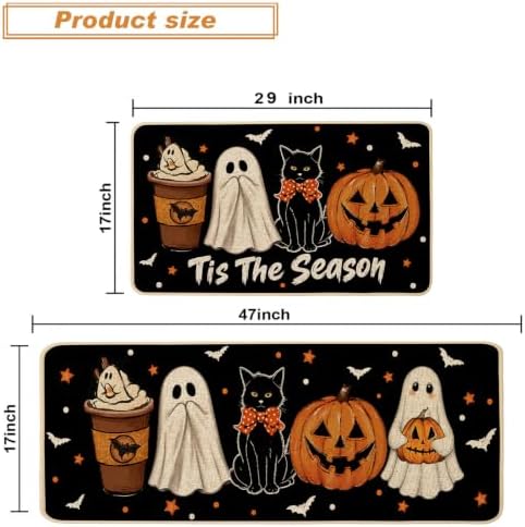 Baccessor Halloween Ghost Kitchen Rugs Set of 2,Tis The Season Spooky Pumpkin Black Cat Mat Rug Indoor Outdoor Low-Profile Non Slip Absorbent Floor Mats for Home Holiday Decor 17x29 and 17x47 Inch