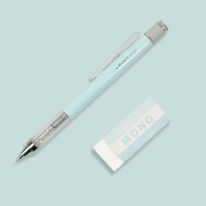Tombow MONO Graph and MONO Eraser, 0.5 mm, Ice Blue, Precision with 4 mm Tip, Innovative Shake Mechanism, More Stable Brass Pliers, Refillable, Includes Eraser [SH-MG44-PE04A]