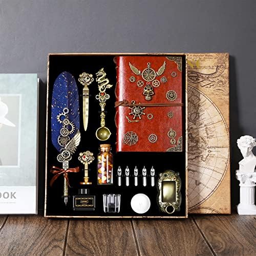 Quill Pen and Ink Set, Feather Pen Ink Set With Quill Pen, Notebook, 5 Replaceable Nibs, Seal Stamp, Spoon, Wax Beads, White Wax, Ink, Pen Holder, Cup, Envelope,Letter Paper,Envelope Tool(Blue)