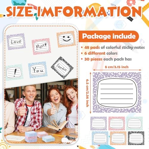 48 Pads 1440 Sheets Composition Notebook Sticky Notes Teacher Note Pads Back to School Supplies Gifts Self Adhesive Memo Pad Cute Gifts for Students Classroom