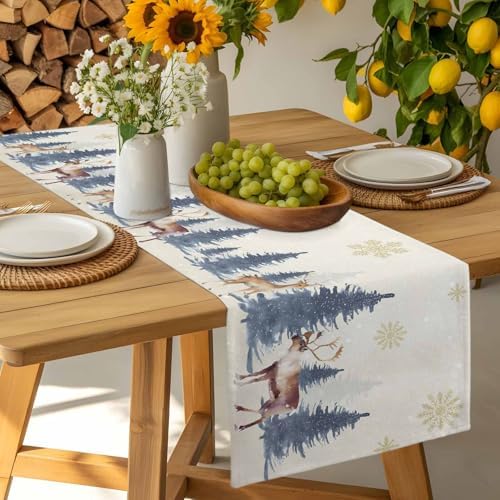 Christmas Table Runner Dresser Scarf 13 x 72 Inch Vintage PineTree Forest Elk Glod Snowflakes Linen Table Runners Non-Slip Heat Resistant Kitchen Dining Table Decor for Home Holidays Indoor Outdoor