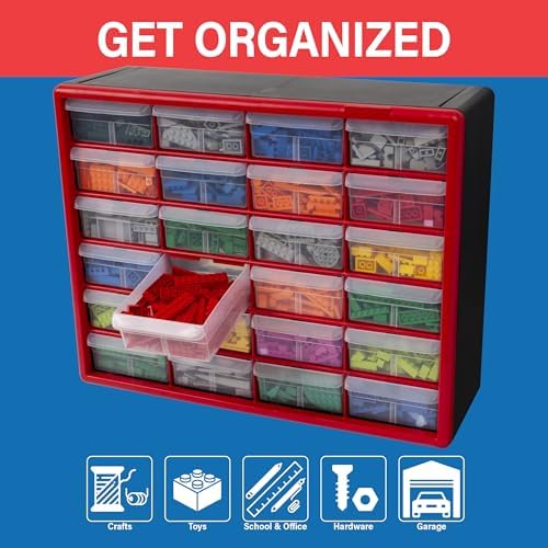 Akro-Mils 24-Drawer Plastic Storage Cabinet, 20"W x 6"D x 16"H, Red